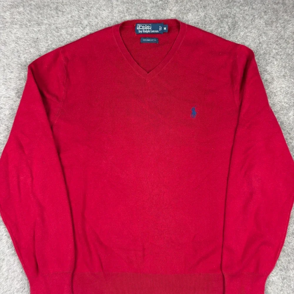 Polo Ralph Lauren V-Neck Sweater Mens Medium Red Pima Cotton Old Money Golf